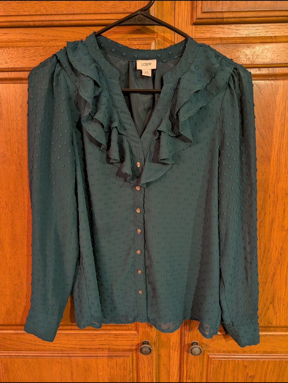 J. Crew Green Ruffled Dot-Texture Button-Front Blouse